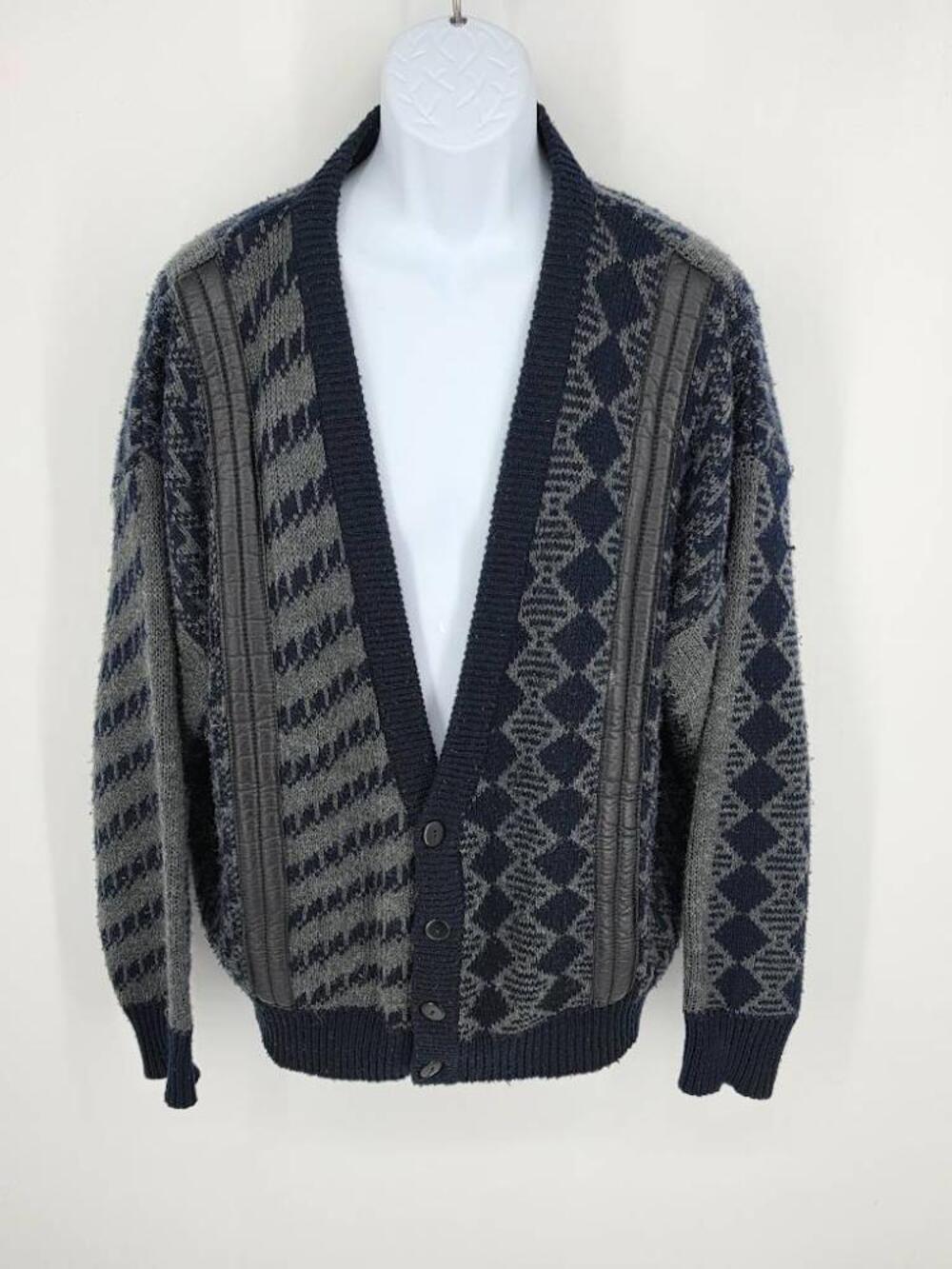 Vintage City Streets Mens XL Cardigan Sweater Leather Trim Abstract Knit 90s